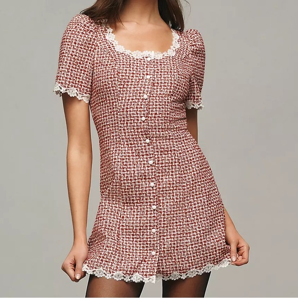 Replica Dresses & Skirts - NWT Anthropologie *Replica* Dress Elegant Red Tweed Mini Dress with Lace Trim